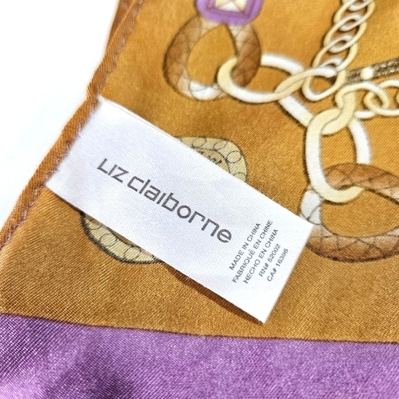 Liz Claiborne 100% Silk Rectangle Scarf Heritage Logo Print Tassels Charms Locks - Picture 5 of 6